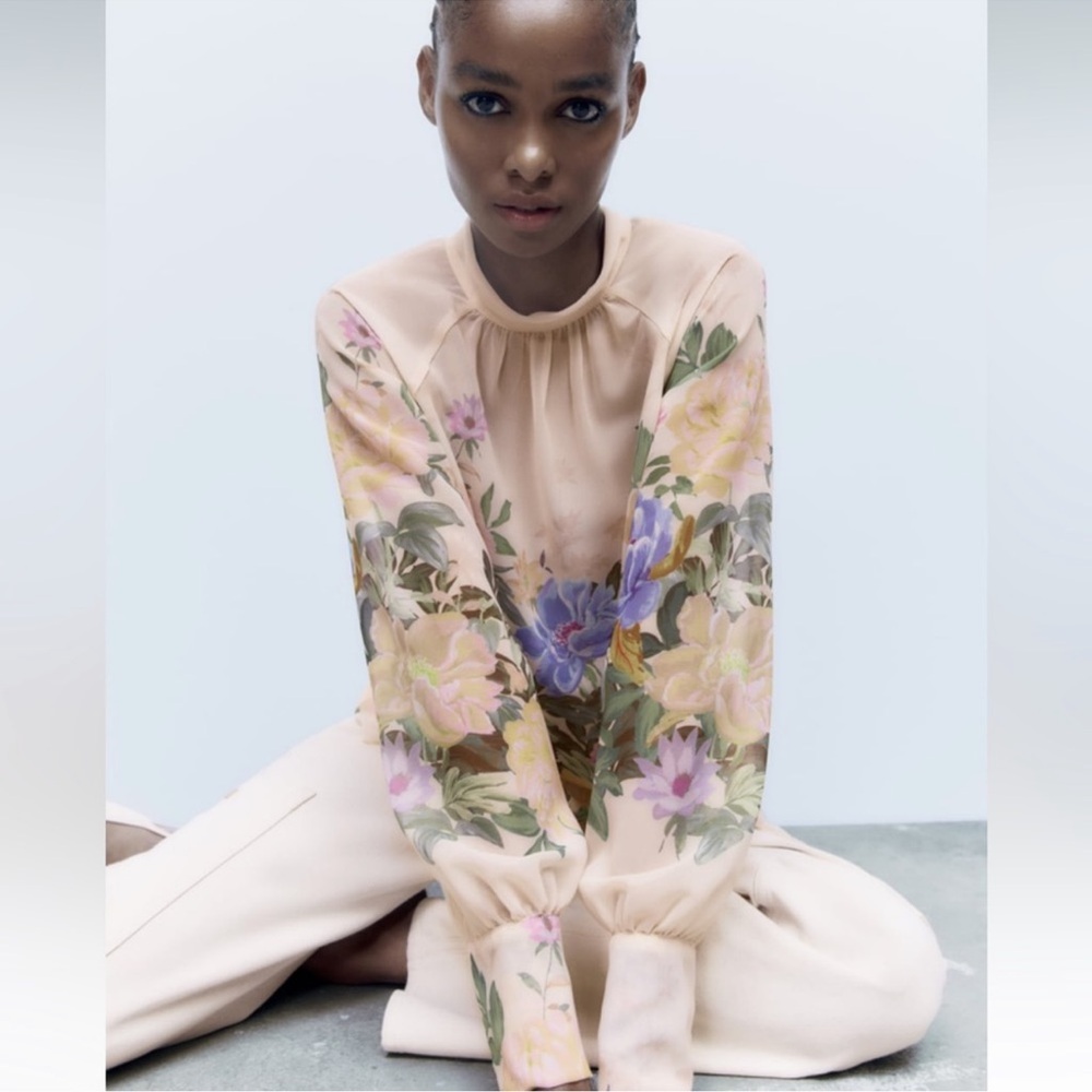 Zara Floral Cream Blouse with Purple and Peach Blooms - Picture 5 of 9